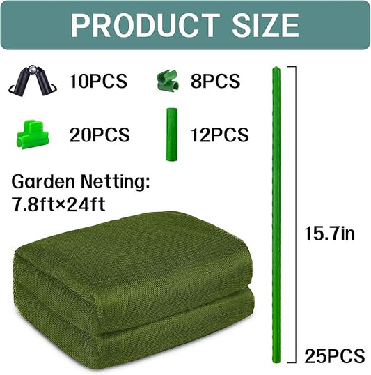 U0U Garden Mesh Netting Kit,7.8 x 24 Ft Ultra Fine Mesh Netting with Garden Hoops,Garden Netting Set for Raised Beds,Bird Net Protection for Vegetable Plants Birds Animals Protection (Green)