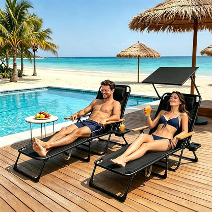 Folding Lounge Chairs for Outside, 4-Position Reclining Outdoor Lounge Chair, Sun Bathing Lounge Chair with Wooden Armrest, Pillow & Cup Holder, Reclining Beach Chair for Garden Beach Patio Camp