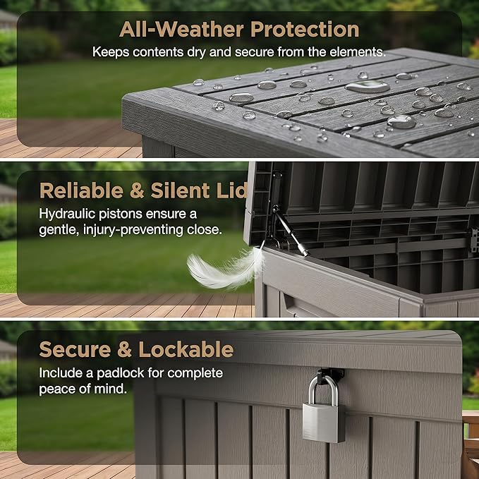 230 Gallon Deck Box, Waterproof Resin Outdoor Storage Box Lockable for Patio Furniture, Fade Resistant Patio Side Table & Organizer for Garden Tools, Pool Float, Outdoor Cushions, Light Coffee