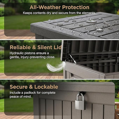 230 Gallon Deck Box, Waterproof Resin Outdoor Storage Box Lockable for Patio Furniture, Fade Resistant Patio Side Table & Organizer for Garden Tools, Pool Float, Outdoor Cushions, Light Coffee