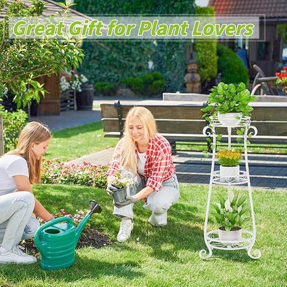 KMOTASUO 3 Tier Metal Plant Stand for Multiple Large Planters Indoor Outdoor Organizer, Heavy Duty Tall Flower Rack for Corner Patio Bathroom Office Corner, Modern Sturdy Vertical Iron Rack, White