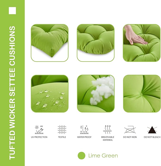 Outdoor/Indoor All Weather Tufted Wicker Chair Cushions of 3 Pieces, 1 Loveseat and 2 U-Shape Waterproof Cushions for Patio Furniture,Wicker Loveseat,Bench-Lime Green