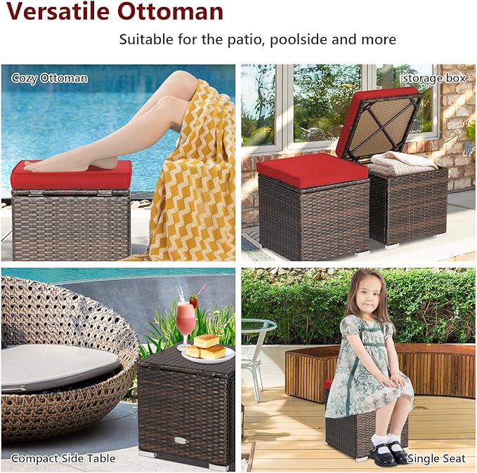 Tangkula 2 Pieces Patio Ottomans, Patiojoy Hand-Woven PE Rattan Side Table with Removable Cushion & Hidden Storage Space, Multifunctional Storage Box, Seat for Patio, Backyard, Poolside (Red)