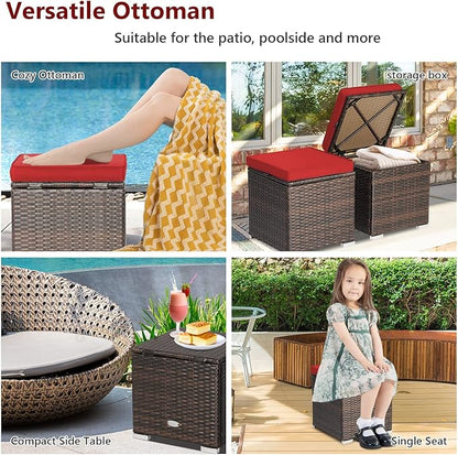 Tangkula 2 Pieces Patio Ottomans, Patiojoy Hand-Woven PE Rattan Side Table with Removable Cushion & Hidden Storage Space, Multifunctional Storage Box, Seat for Patio, Backyard, Poolside (Red)