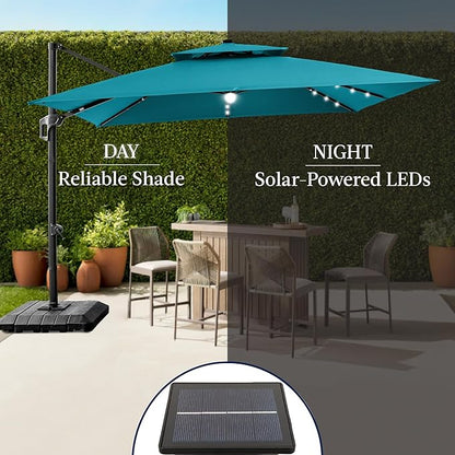 Best Choice Products 9x12ft LED Cantilever Patio Umbrella w/Base Included & 360° Rotation, Large Solar Offset Hanging Outdoor Sun Shade for Deck, Backyard Table w/Stand & Lights – Cerulean