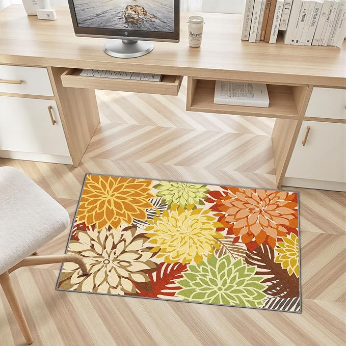 Arenarug 2x3 Colorful Washable Small Rug Tropical Botanical Modern Floral Indoor Chenille Door Mat Carpet Non Slip for Patio, Entry Way, Entrance, Porch, Orange