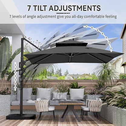 10' X 10' Cantilever Patio Umbrella Outdoor with Base Included Heavy Duty Double Top Windproof Square Offset Umbrellas with 360-degree Rotation for Pool Deck Backyard, Grey