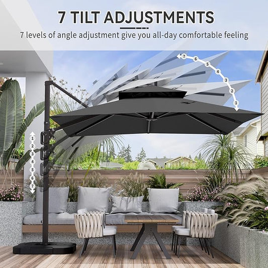 10' X 10' Cantilever Patio Umbrella Outdoor with Base Included Heavy Duty Double Top Windproof Square Offset Umbrellas with 360-degree Rotation for Pool Deck Backyard, Grey
