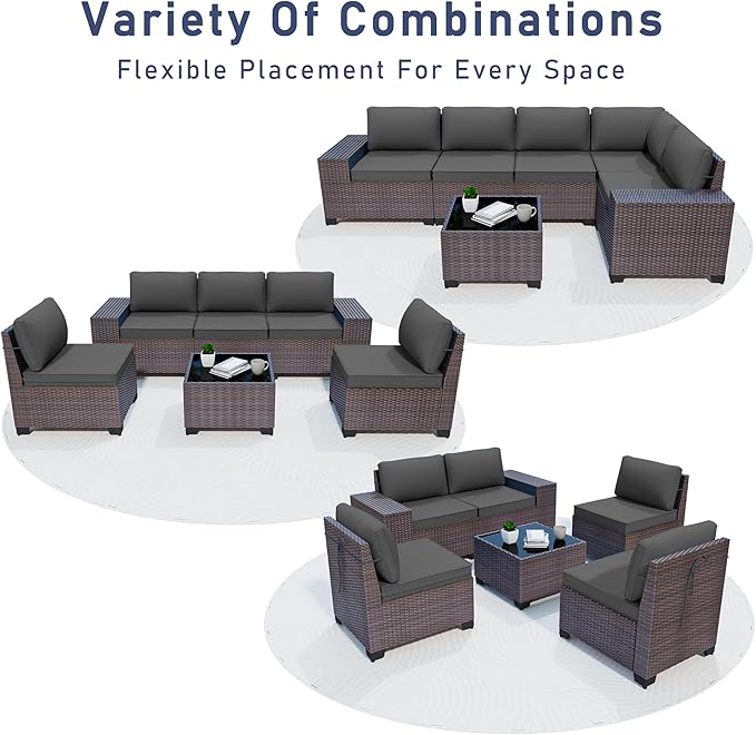 6PCS Outdoor Patio Furniture Set,PE Rattan Wicker Patio Conversation Set with Washable Cushions & Glass Coffee Table,Patio Sectional Furniture Set for Garden, Poolside, Backyard,Grey