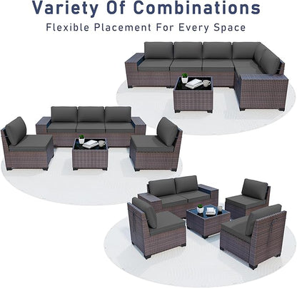 6PCS Outdoor Patio Furniture Set,PE Rattan Wicker Patio Conversation Set with Washable Cushions & Glass Coffee Table,Patio Sectional Furniture Set for Garden, Poolside, Backyard,Grey