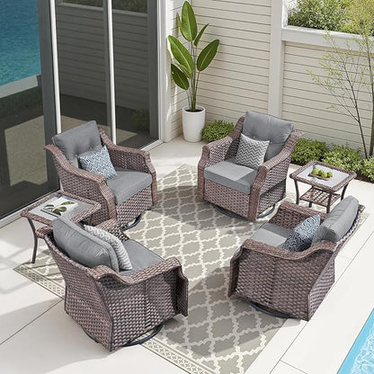 Outdoor Wicker Glider Rocker Set of 2, All Weather PE Rattan Swivel Rocking Chair with Side Table for Yard, Balcony, Deck, Porch (Dark Gray, 6PC-Swivel Gliders & Side Table)