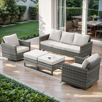 Rilyson Wicker Outdoor Patio Furniture Set - 5 Piece Patio Conversation Set with 2 Swivel Rocker Chairs,2 Rattan Ottoman and 1 Couch for Outside Porch Deck Backyard Garden(Mixed Grey/Beige)