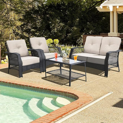 HAPPYGRILL 4 Pieces Patio Conversation Set Outdoor Rattan Sofa Set with Cushions and Coffee Table with Storage Shelf, Rattan Wicker Patio Furniture Set for Backyard Garden Poolside