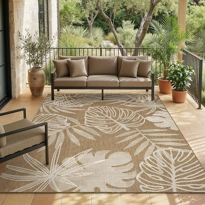 MontVoo-Outdoor Rug-Patio Rug 8x10 ft Polypropylene Indoor Outdoor Rugs Outdoor Carpet for Patio Deck Balcony Porch, Textured Weave, Durable for High Traffic, Fade-Resistant, Tropical Neutral Brown