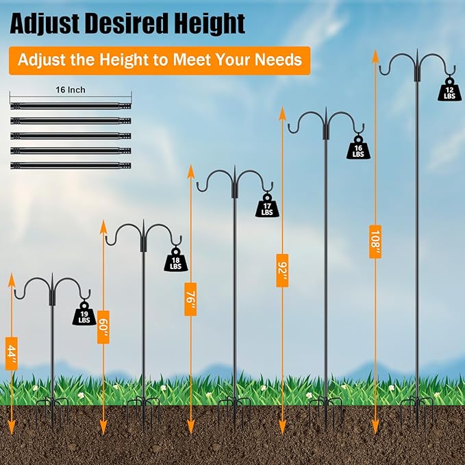 FEED GARDEN Heavy Duty Shepherds Hook 108" Double Hooks Adjustable (44/60/76/92/108") - Metal 5-Prong Base, 12lb Capacity - Easy Assembly Bird Feeder Pole for Hanging Planters, Lanterns, Wind Chimes