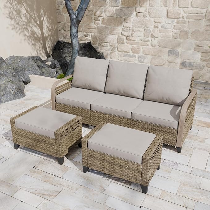 COOS BAY Modern Wicker Outdoor Furniture Set, Patio Conversation Set with 3 Seat Couch, and Ottomans, 3 Piece, Brown/Gray