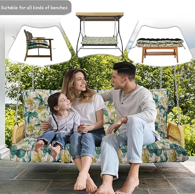 Porch Swing Cushion Three Seat, Waterproof Swing Cushions Replacement with Backrest, Outdoor Garden Furniture Patio 4" Thickened Cushions with Ties (Clover, 40 x 63in)