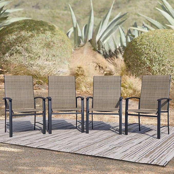 Patio Dining Chairs Set of 4, Outdoor Dining Chairs with High Back, Metal Outdoor Chair Set with Comfort and Durability, Patio Chair for Deck Lawn Kitchen Garden Backyard, Mocha