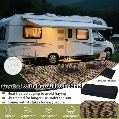 SAND MINE Reversible Mats, Plastic Straw Rug, Modern Area Rug, Large Floor Mat and Rug for Outdoors, RV, Patio, Backyard, Deck, Picnic, Beach, Trailer, Camping, Black & Brown, 8' x 16'