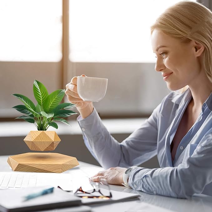 Levitating Plant Pot, Floating Plant Pot Small Floating Flower Pot, 360° Rotating Floating Pots for Plants, Floating Planter for Levitating Decor, Levitating Display Home Office Desk Decor (Yellow)