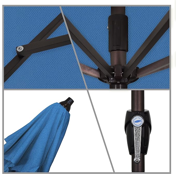 California Umbrella 7.5' Round Aluminum Outdoor Deck, Pool or Patio Umbrella, Crank Lift, Auto Tilt, Bronze Pole, Frost Blue