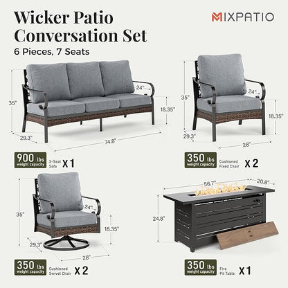 Patio Furniture Set with Firepit Table, Black Frame Outdoor Conversation Set with 2 x Fixed Chairs, 2 x Swivel Chairs, 1 x 3-Seat Sofa for Lawn Garden Backyard, Grey