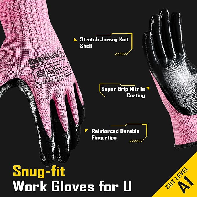 COOLJOB 20 Pairs Nitrile Dipped Rubber Coated Safety Work Gloves with Grip, Non-slip Bulk Gardening Roofing Gloves for Ladies Women, Oil-resistant Gear for Package Handler, Warehouse Worker, Medium