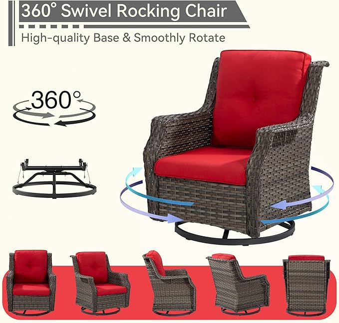 Outdoor Swivel Rocker Patio Chair with Matching Side Table - 360 Degree Patio Swivel Glider Chair with 3.5" Olefin Cushions(Mixed Grey/Red)
