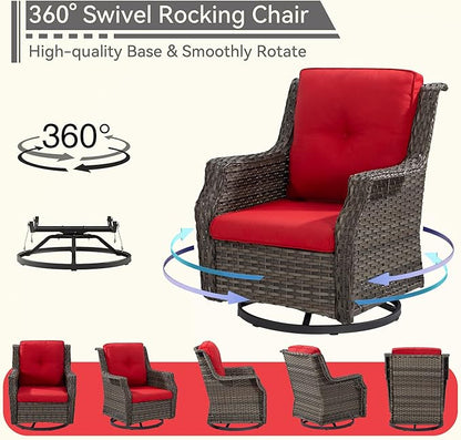 Outdoor Swivel Rocker Patio Chair with Matching Side Table - 360 Degree Patio Swivel Glider Chair with 3.5" Olefin Cushions(Mixed Grey/Red)