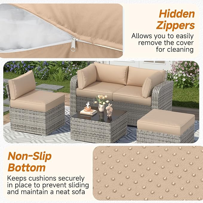 HOMREST Outdoor Sectional Cushions Set of 9, Waterproof Patio Furniture Cushions for 4-Seat Rattan Wicker Sofa, Deep Seat Couch Cushions with Non-Slip Bottom & Machine Washable Covers,Khaki