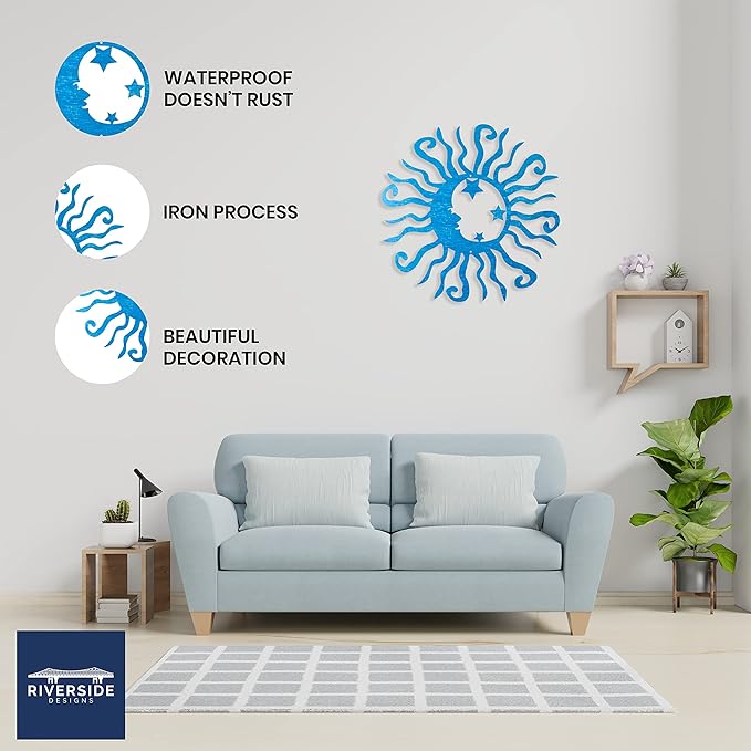 Riverside Designs Wacky Solar Moon Metal Wall Art Steel Outdoor Decor | Heavy-Duty and Waterproof | Made in USA (Teal, 12L x 12W)