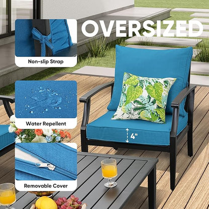 4 Pieces Patio Furniture Set w/loveseat,Coffe Table,Outdoor Conversation Metal Sofa with High Back and Thick Cushion,for Backyard,Garden,Peacock Blue