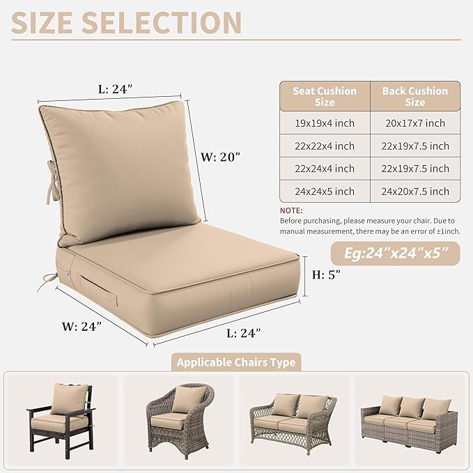 Premium Outdoor Seat Cushion Chair Cushions for Patio Furniture 24 L X 24 W X 5 H Waterproof & Fade Resistant Deep Seat and Backrest Cushion Set with Removable Covers for Chair, Sofa