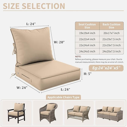 Premium Outdoor Seat Cushion Chair Cushions for Patio Furniture 24 L X 24 W X 5 H Waterproof & Fade Resistant Deep Seat and Backrest Cushion Set with Removable Covers for Chair, Sofa