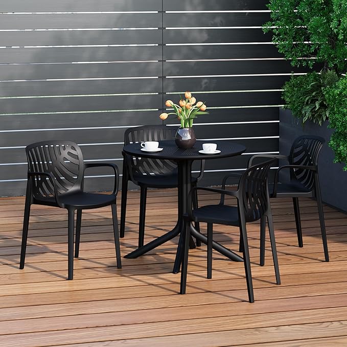 Costaelm 4 Person Dining Table Set, HDPE Patio Round Dining Table and Stackable Chair, Kitchen & Dining Room Sets All Weather for Backyard Porch Poolside, Black