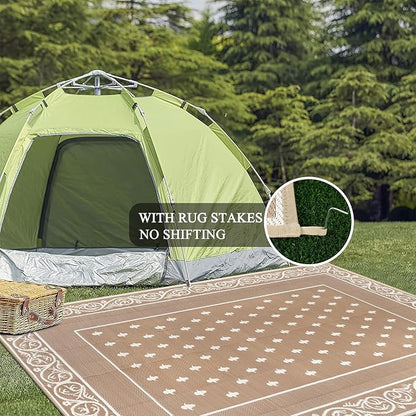Pauwer Waterproof Outdoor Rug 10x14, Reversible Plastic Straw Patio Camping Rug, Indoor Outdoor RV Mat Carpet for Deck, Camper, Porch, Balcony, Picnic, Bordered Beige