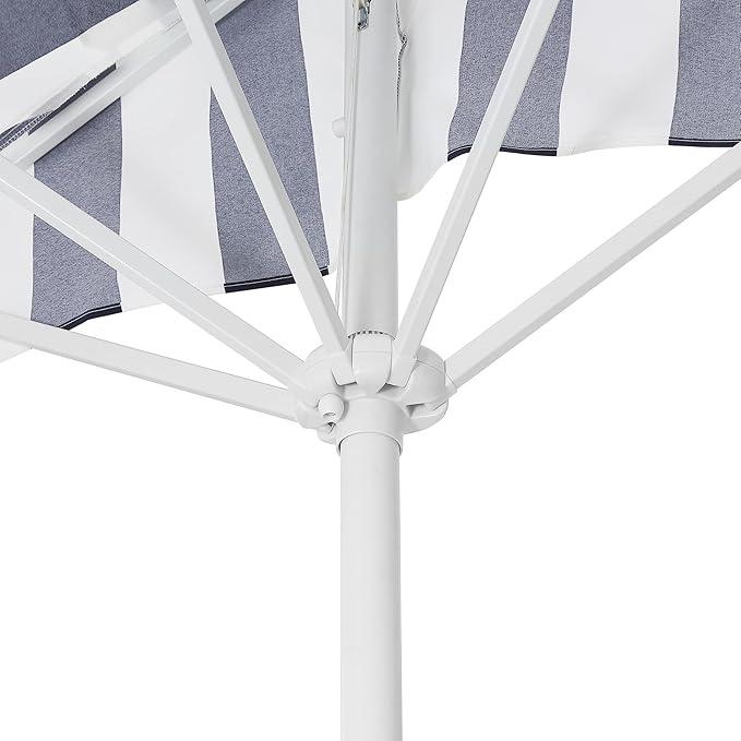 JONATHAN Y Half Umbrella UMB1201I Beverly 9 ft. Designer Classic Scalloped Fringe Market Patio with Crank, Tilt Button and UV Protection in Navy/White, White Pole