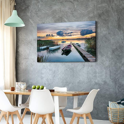 Lake Landscape Canvas Wall Art: Modern Nature Sunrise Gallery Artwork Relaxing Long Pier Sand Scenery Prints Large Boat Shore Scene Picture Colorful Mountain Sunset Painting for Living Room