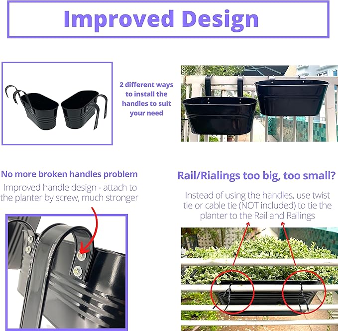LaLaGreen Rail Planter Outdoor Plants (6 Pack, 9.8 Inch) Small and Cute Black Metal Iron Hanging Flower Pot Deck Railing Fence Buckets Countryside Style Window Box Plant Holder Hooks Porch Decor