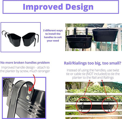 LaLaGreen Rail Planter Outdoor Plants (6 Pack, 9.8 Inch) Small and Cute Black Metal Iron Hanging Flower Pot Deck Railing Fence Buckets Countryside Style Window Box Plant Holder Hooks Porch Decor