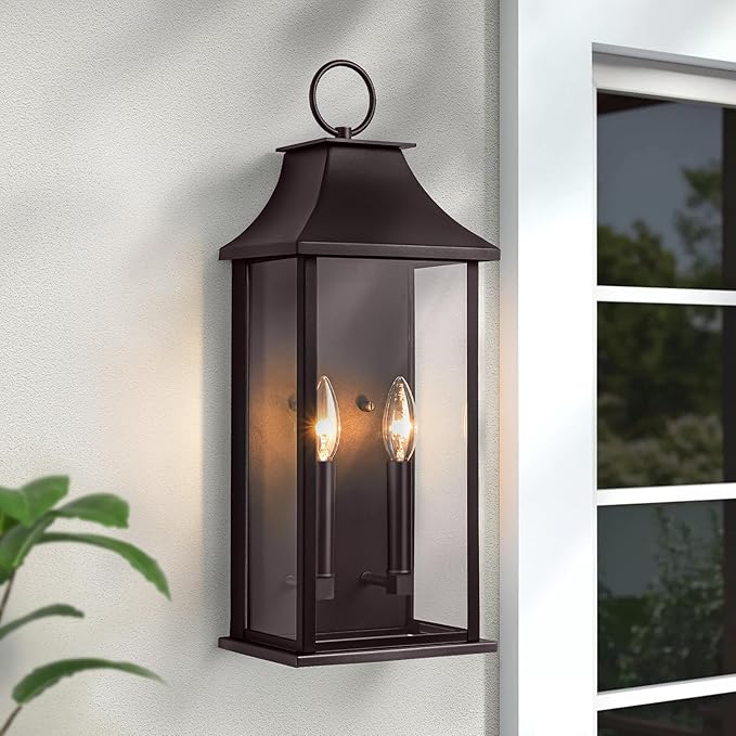 Dusk to Dawn Outdoor Wall Sconces 2-Light, 20.6" Large Outside Wall Sconce, Bronze Wall Light Fixture with Glass, Waterproof Exterior Lamp for House, Porch, Garage