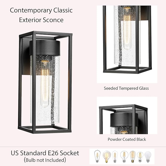 Bestshared Outdoor Modern Wall Light, Exterior Wall Mount Lights, Outdoor Lighting Fixture, Porch Sconce Light with Seeded Glass, Lantern Lamp for Patio, Entryway,Garage (Black, 13" H)