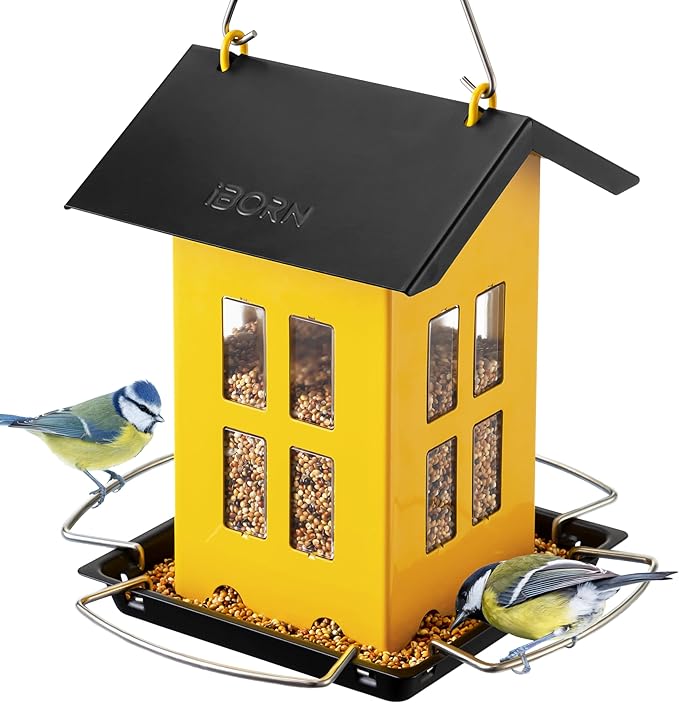 iBorn Bird Feeder House, Metal Bird Feeders for Outdoors Hanging,Double-Sided Metal Hanger & Weatherproof, Easy to Clean & Refill, 2.2 Lbs Capacity, Yellow