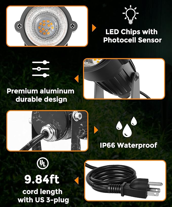 L LOHAS LED Orange Halloween Spot Lights Outdoor, 10W Dusk to Dawn Sensor Landscape Spotlights for Yard, IP66 Waterproof Pathway Outside Lights, 9.84-ft Cord, Orange Lawn Decor Lamp, UL Listed,2 Pack