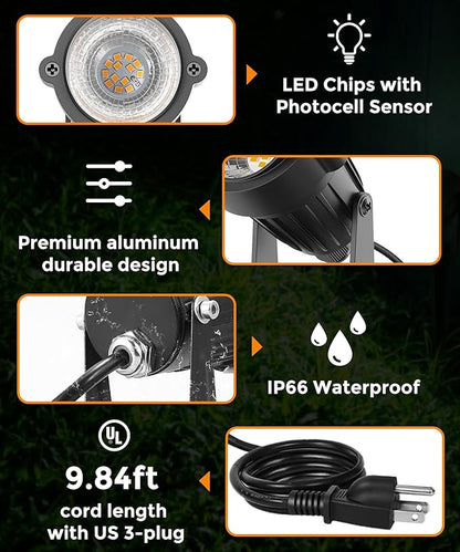 L LOHAS LED Orange Halloween Spot Lights Outdoor, 10W Dusk to Dawn Sensor Landscape Spotlights for Yard, IP66 Waterproof Pathway Outside Lights, 9.84-ft Cord, Orange Lawn Decor Lamp, UL Listed,2 Pack