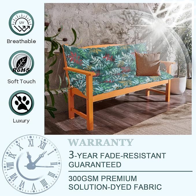 Outdoor Swing Cushions 3 Seater Waterproof, Replacement Bench Cushions for Outdoor Patio Furniture with Backrest, Porch Swing Cushion with Ties for Lawn and Garden (Green Flowers, 40x40in)