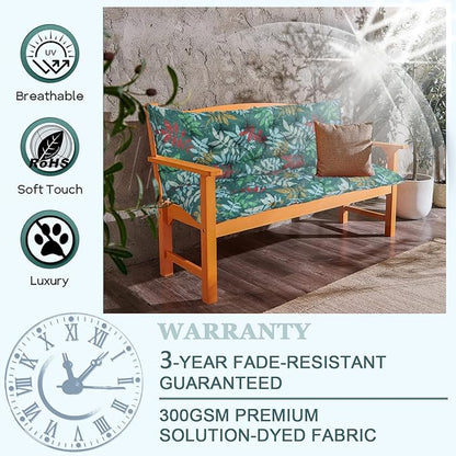 Outdoor Swing Cushions 3 Seater Waterproof, Replacement Bench Cushions for Outdoor Patio Furniture with Backrest, Porch Swing Cushion with Ties for Lawn and Garden (Green Flowers, 40x40in)