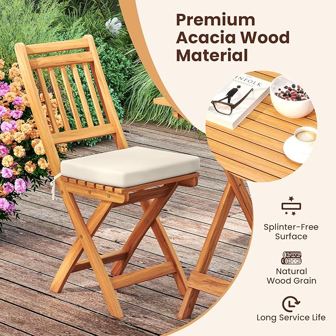KOTEK Outdoor Folding Bistro Set, 3 Pieces Acacia Wood Bistro Set with Soft Cushions, Patio Bistro Table and Chairs for Backyard, Porch, Poolside (Vertical Slats)