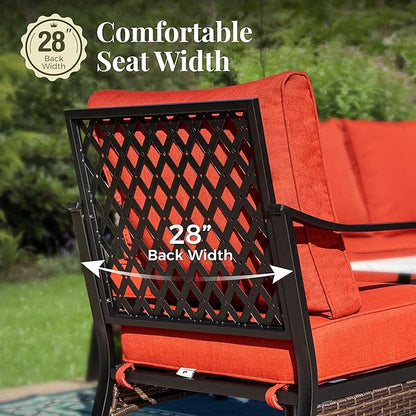 Patio Furniture Set with Firepit Table, Black Frame Outdoor Conversation Set with 2 x Fixed Chairs, 1 x 3-Seat Sofa for Lawn Garden Backyard, Red