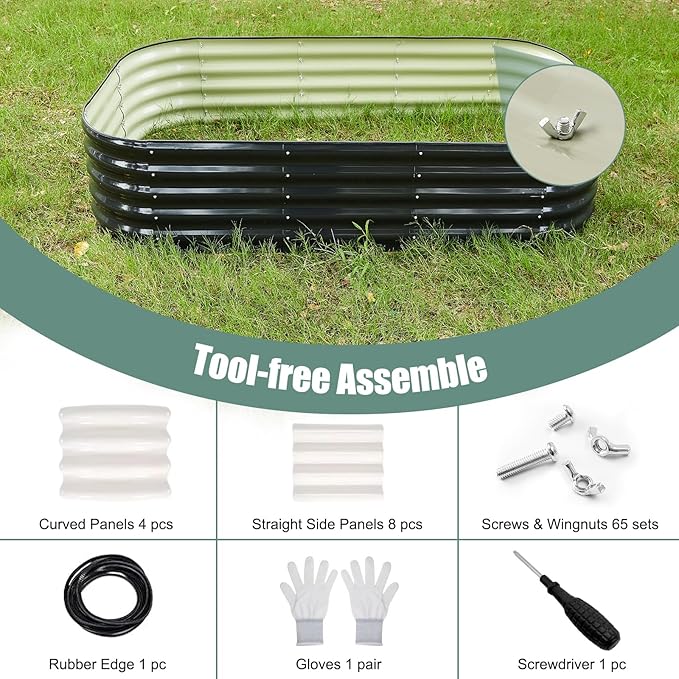 17" Tall 8x2ft Black Oval Metal Planter Box for Outdoor Gardening 9-in-1 Modular Galvanized Raised Garden Bed, Heavy Duty Flower Beds, Porch Planters & Expandable Garden Beds Outdoor
